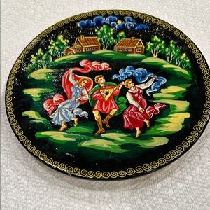 Hand-Painted Russian Lacquer Plate with Dancing Folk Scene - Black & Green